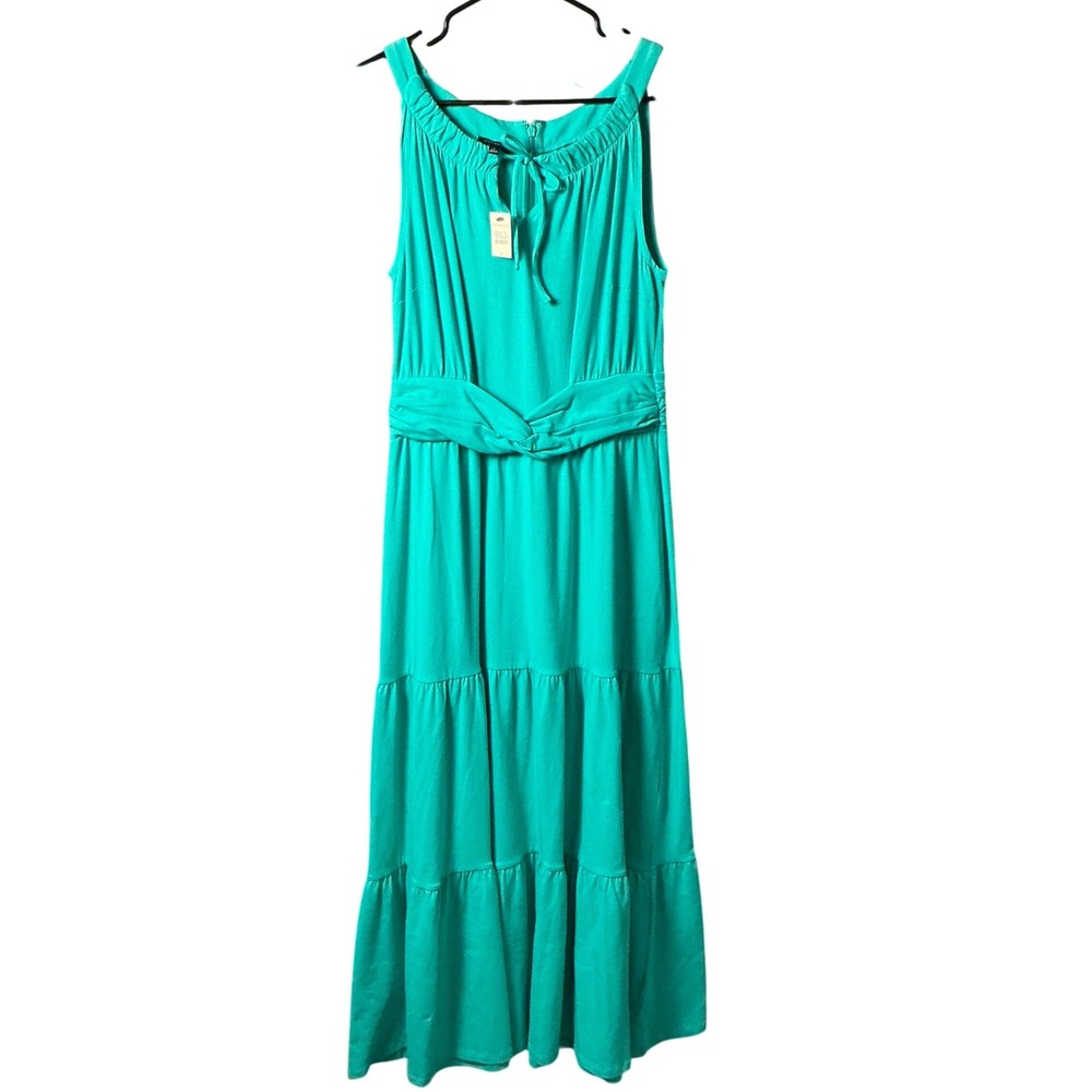 Talbots Teal Green Sleeveless Tiered Maxi Dress Twist Waist Cotton Modal M